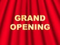 Vector illustration. Grand opening text. Red curtains