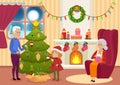 Vector illustration of granddaughter and grandfather decorating Christmas tree while grandmother knitting. Christmas eve