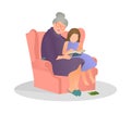 Vector illustration granddaughter listening her grandmother reading a story in flat style. Granny and granddaughter spend time.