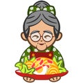 vector illustration of grandma serving a plate of noodles