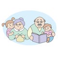 Vector illustration of a grandmother and grandfather with her grandchildren, an elderly lady knitting, an elderly man reading a bo Royalty Free Stock Photo