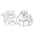 Vector illustration of a grandmother and grandfather with her grandchildren, an elderly lady knitting, an elderly man reading a bo Royalty Free Stock Photo