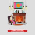 Vector illustration of grandmother sitting in armchair at the fireplace.