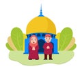 Vector illustration graphic of eid mubarak with Muslim Couple at the Mosque. Perfect for ramadan posters, ui, ux Royalty Free Stock Photo