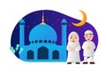 Vector illustration graphic of eid mubarak with Muslim Couple at the Mosque. Perfect for ramadan posters, ui, ux Royalty Free Stock Photo