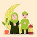Vector illustration graphic of eid mubarak with Muslim Couple. Perfect for ramadan posters, ui, ux Royalty Free Stock Photo