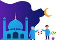 Vector illustration graphic of Muslim couple holding a lantern next to the mosque. Good for posters, ui, ux ramadan