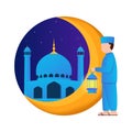 Vector illustration graphic of Muslim people holding a lantern next to the mosque. Good for posters, ui, ux ramadan