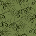 Vector illustration in graphic style, green olive branch, seamless pattern without background Royalty Free Stock Photo