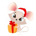 Vector illustration of a gray mouse holding a big gift with a red bow, isolated on a white background. Festive bear in Royalty Free Stock Photo