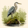 Vector Illustration Of Great Blue Heron Standing Near A Pond Royalty Free Stock Photo