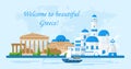 Vector illustration of Greece travel concept.Welcome to Greece. Santorini buildings, Acropolis and temple icons. Tourism