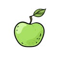 Vector illustration. Green apple with stem and leaf. Healthy vegetarian food. Cartoon comics style with contour. Decoration for