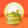 Green apple, yellow measuring tape, dish. Diet Royalty Free Stock Photo