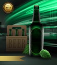 Vector illustration of green beer bottle and hops with packing and gold ribbon with reward on city background Royalty Free Stock Photo