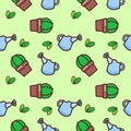 green cactus water pot agriculture repeat seamless pattern doodle cartoon style wallpaper Royalty Free Stock Photo
