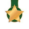 Vector illustration of green colored award ribbon medal with gold star banner on white background Royalty Free Stock Photo