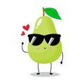 Vector illustration of green pear character with cute expression, lovely, fun, sunglasses Royalty Free Stock Photo