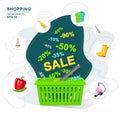Vector illustration. Green plastic shopping basket discount. Selling a wide variety of goods
