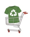 Vector illustration of green recycling t-shirt with recycle symbol in shopping cart isolated on white background - sustainable Royalty Free Stock Photo