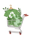 Vector illustration of green recycling t-shirt, Reuse, Reduce, Recycle symbol, Earth planet globe in shopping cart. Slow Royalty Free Stock Photo