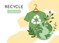 Vector illustration of green recycling t-shirt, Reuse, Reduce, Recycle symbol, Earth planet globe. Slow sustainable fashion, eco Royalty Free Stock Photo