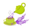 Vector illustration with green teapot and a mug of herbal tea with fireweed flowers