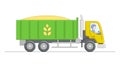 Vector Illustration Of Green And Yellow Tipper With Driver Character. Linear Cartoon Composition On White Background