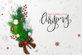 Vector illustration of greeting banner template with hand lettering label - merry Christmas - with realistic fir-tree