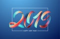 Vector illustration: Greeting card with Colorful Brushstroke paint lettering calligraphy of 2019 Happy New Year. Royalty Free Stock Photo