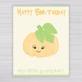 Vector illustration of greeting card with cute smile pumpkin on a wooden backdrop