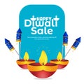 Vector illustration or greeting card of Diwali festival with Diya Oil Lamp and Firecracker Rocket Diwali elements, Diwali SALE,