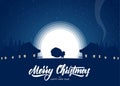 Silhouette of Santa Claus carries a heavy sack full of gifts in village on moon background. Royalty Free Stock Photo