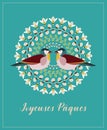 Greeting Card with French Text Joyeuses Paques, in English Happy Easter. Willow Branches, Green Leaves, Bees and Two Birds Royalty Free Stock Photo