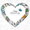 Vector illustration greeting card Happy Valentine's Day Heart zentangl, dudling, zenart. Flowers, leaves. Adult Royalty Free Stock Photo