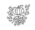 Vector illustration of greeting card with monoline calligraphy Autumn Vibes text. Hand drawn pumpkin and leaves isolated