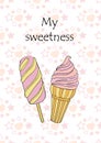 Vector illustration of greeting card with pink ice cream on a stick