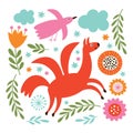 Vector illustration, greeting card with red horse and bird, floral pattern Royalty Free Stock Photo