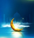 Vector illustration. Greeting card to Ramadan Kareem with 3d golden crescent , star, against a background of blue sky and