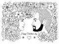 Vector illustration, greeting card, valentines, in love couple, man and woman in flowers. Vector drawing of art created by hand. C