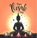 Vector illustration greeting card for Vesak day with lotus flower and buddhas silhouette.
