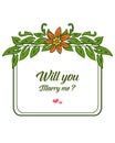 Vector illustration greeting card will you marry me with style orange wreath frame