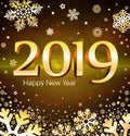 Vector illustration of greeting the new year with the numbers of 2019 on a black background and golden snowflakes Royalty Free Stock Photo