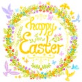 Happy Easter - circle decorated with flowers, little birds