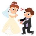 Vector illustration with groom giving the ring to the bride. Cute just married couple