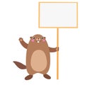 Illustration of groundhog holding a blank sign board. Flat