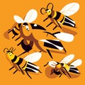 vector illustration of a group of bees on a yellow background in a flat style AI generated