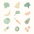 Vector illustration of a group of cartoon objects. Healthy food icons. Fruits, vegetables. Background decoration Royalty Free Stock Photo
