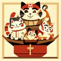 Vector illustration of a group of cats sitting in a wooden boat full of gifts Generative AI