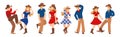 Vector illustration of a group of cowboys and cowgirls in western country dancing a line of dance. Couples man and woman dancing a Royalty Free Stock Photo